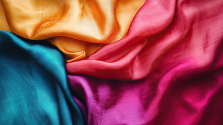 A stunning view of vibrant silk fabric showcasing a rich color palette. The smooth textures and flowing drapery create a visually appealing background perfect for artistic projects.の素材