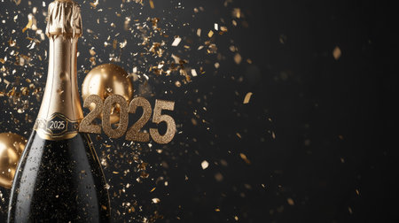 A stunning image of a champagne bottle with 2025 decorations, perfect for celebrating the New Year. Vibrant confetti adds excitement to the festive moment.の素材
