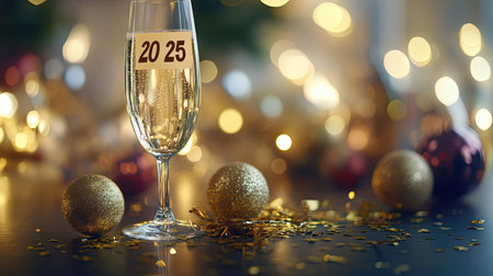 A festive glass filled with sparkling wine for New Year 2025, surrounded by golden decorations and soft background lights, perfect for holiday celebrations.の素材