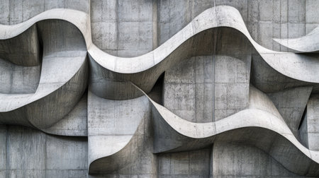 Explore the intricate wave patterns of this abstract concrete wall, showcasing modern architectural design with unique textures and smooth lines.の素材