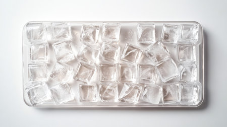 A bright and clean image of ice cubes arranged in a tray, perfect for conveying freshness and chill. Ideal for summer beverage themes or culinary presentations.の素材
