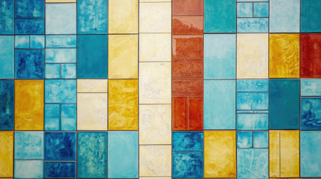 Explore a vibrant mosaic of colorful tiles showcasing an artistic arrangement in various shades, perfect for contemporary decor and creative inspiration.の素材