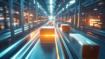 Dynamic warehouse scene showcasing packages in motion on a conveyor system. The modern technology highlights efficiency in logistics and storage operations.の素材