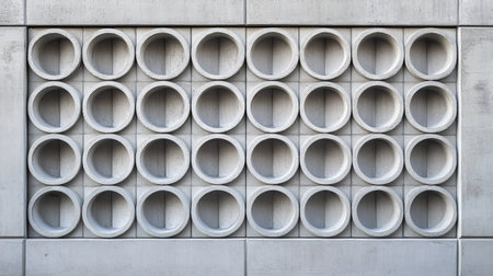 A contemporary concrete wall featuring circular cutouts, showcasing a balanced and modern design. Ideal for backgrounds in architecture and interior projects.の素材