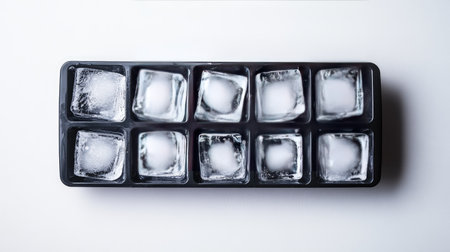 A top view of ice cubes in a black tray on a white background. This image captures the textures and shapes of ice, ideal for cooling drinks.の素材