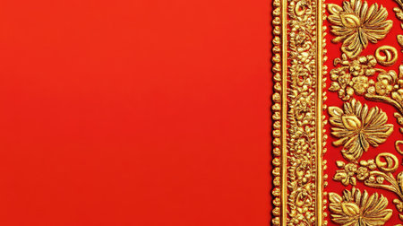 A captivating ornate gold texture resting on a vibrant red background, perfect for adding a touch of elegance and luxury to any design project.の素材