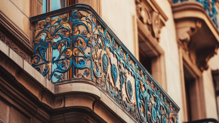 A stunning view of a beautifully crafted balcony showcasing intricate blue and gold ironwork in an urban environment, highlighting architectural elegance.の素材