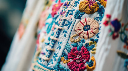 Close-up view of colorful floral embroidery on fabric showcasing intricate stitching and vibrant designs. Perfect for textile and craft themes.の素材