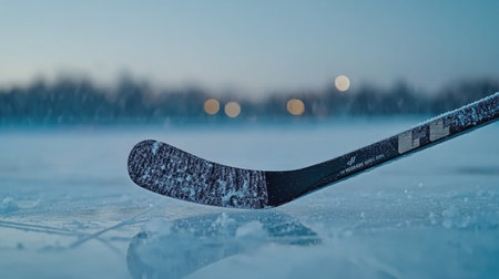 A close-up view of a hockey stick resting on an icy surface during dusk, capturing the essence of winter sports and outdoor adventure in a tranquil setting.の素材