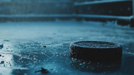 A lone hockey puck sits on a frozen rink, surrounded by icy textures and a dark, cold atmosphere, evoking the spirit of winter sports and leisure.の素材