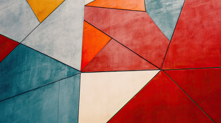 A vibrant abstract geometric art piece featuring bold colors and sharp angles on a wall surface, creating a striking visual effect ideal for modern design themes.の素材