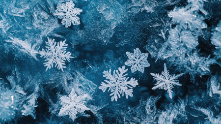 A captivating close-up image of delicate snowflakes on a frozen surface, showcasing intricate patterns against a serene blue backdrop, perfect for winter themes.の素材