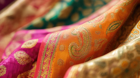 Explore a stunning close-up of vibrant textiles featuring intricate traditional patterns. Ideal for fashion, art, and cultural themes, this fabric showcases rich colors and textures.の素材