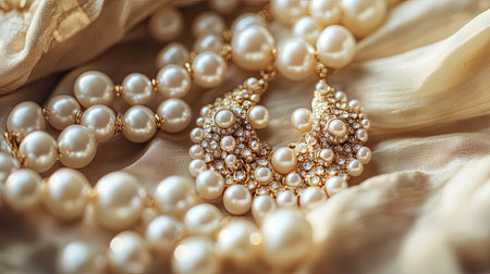 Discover the beauty of elegant pearl jewelry displayed on a soft fabric background, showcasing intricate designs and luxurious charm perfect for fashion enthusiasts.の素材