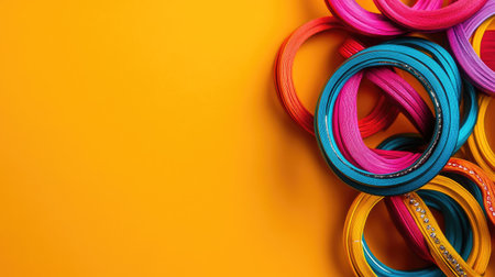 A vibrant display of colorful rings on a bright yellow background, perfect for creative projects and graphic designs. A playful arrangement that adds a pop of color.の素材