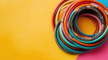 A vibrant collection of colorful bangles showcases creativity and style against a bright background, perfect for fashion and accessory themes.の素材