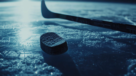 A close-up view of a hockey puck resting on the icy surface, accompanied by a hockey stick. This image captures the essence of the dynamic sport in a serene, winter setting.の素材