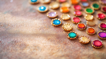 A collection of colorful decorative items arranged artistically on a bright surface, showcasing vibrant colors and intricate details, perfect for crafts.の素材