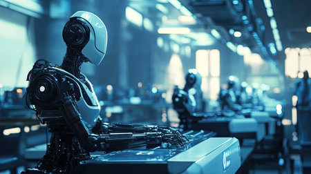 A futuristic robot sits in a high-tech environment, showcasing advanced technology and automation. The scene highlights innovation and design in robotics.の素材