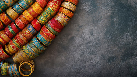 A captivating collection of colorful bangles arranged on a rustic surface, showcasing intricate designs and vibrant hues perfect for cultural celebrations and fashion displays.の素材