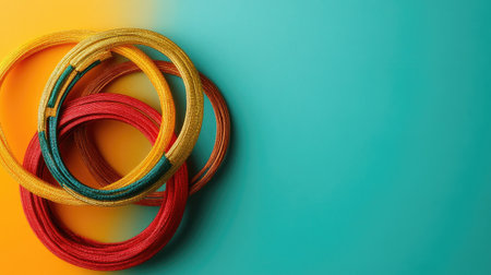 Vibrant circular shapes in yellow and red against a turquoise gradient create a playful and modern abstract composition for various creative projects.の素材