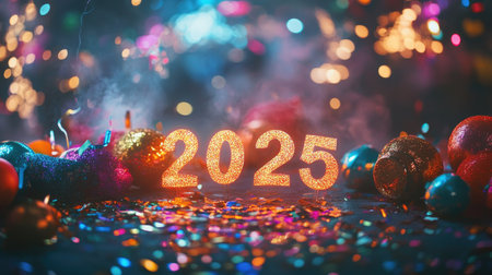 Vibrant 2025 celebration scene featuring sparkling decorations, colorful confetti, and festive lights, perfect for themes of joy and new beginnings.の素材