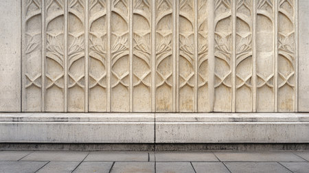 This image features a textured wall with a beautiful floral design. The intricate relief creates depth and visual interest, ideal for architectural themes.の素材