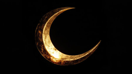 A stunning golden crescent moon shines brightly against a black background, creating a magical and tranquil atmosphere perfect for artistic projects.の素材