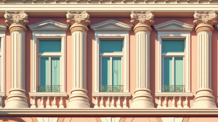 This image showcases the elegant architectural details of a classic building facade, highlighting exquisite columns and windows in soft pastel tones.の素材