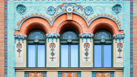 Explore this vibrant architectural detail featuring ornate windows and colorful tiles, showcasing exquisite craftsmanship in a historic urban setting.の素材