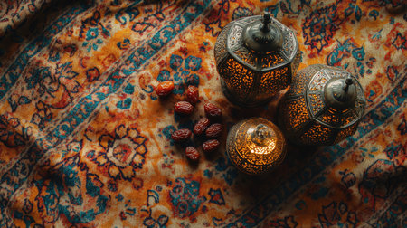 A beautiful arrangement featuring decorative lanterns and dates on vintage fabric, creating a warm and inviting atmosphere perfect for celebrations.の素材