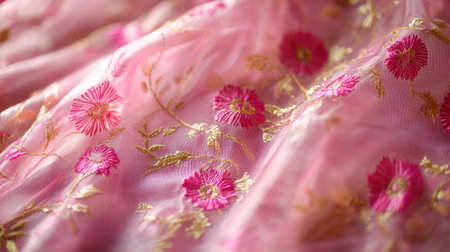 A close-up view of delicate pink fabric adorned with intricate floral embroidery, capturing the elegance and beauty of textile art perfect for fashion and decor.の素材