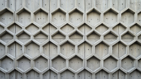 A captivating geometric concrete wall featuring hexagonal patterns, perfect for showcasing modern architecture and design. Ideal for backgrounds or textures.の素材