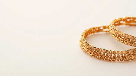 Discover a pair of elegant golden bangles resting on a soft background. Perfect for capturing the essence of luxury and traditional craftsmanship in jewelry.の素材