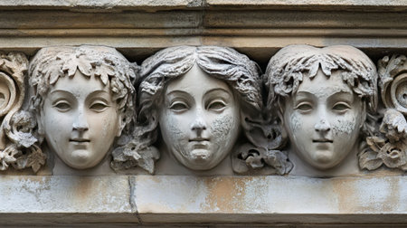 Detailed stone relief of three ornate faces showcases craftsmanship and artistic expression. A stunning architectural element rich in history and culture.の素材