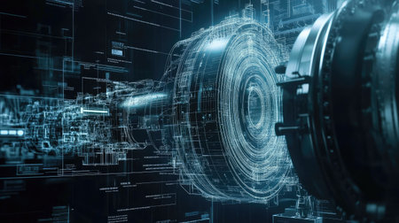 This image showcases an advanced digital engine design with intricate details. Perfect for technology, engineering, and industrial themes.の素材