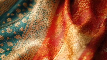 Explore this vibrant textile showcasing intricate patterns and rich colors. Ideal for design projects, fashion concepts, or artistic inspiration.の素材