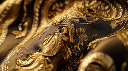 Close-up view of intricate gold embroidery on a dark fabric, showcasing luxurious texture and elegant design elements. Perfect for fabric and textile projects.の素材