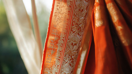 Capture the beauty of an elegant fabric featuring a rich orange color with intricate gold border details, perfect for showcasing texture and artistry.の素材