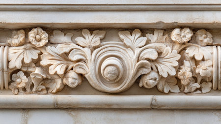 Detailed close-up of an ornate stone carving featuring intricate floral motifs, showcasing the beauty and craftsmanship of classical architectural design elements.の素材