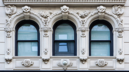Captivating view of ornate architectural details featuring three arched windows. This image showcases the elegance and craftsmanship of historical buildings.の素材