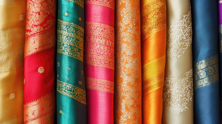 A stunning display of vibrant textiles showcasing rich colors and intricate patterns, perfect for fashion, decor, or cultural themes.の素材