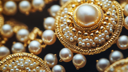 Close-up view of elegant golden jewelry featuring pearls and intricate designs, perfect for showcasing luxury accessories and fashion elegance.の素材