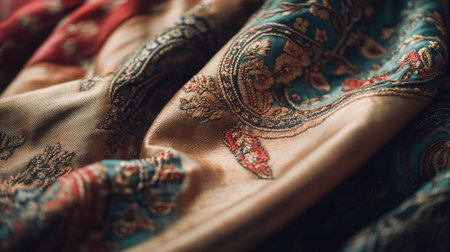 Discover the beauty of this elegant fabric featuring intricate embroidery and rich colors, perfect for fashion, home decor, or artistic projects.の素材