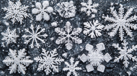 A stunning collection of unique snowflakes delicately resting on a dark surface, showcasing their intricate designs and natural beauty during winter.の素材