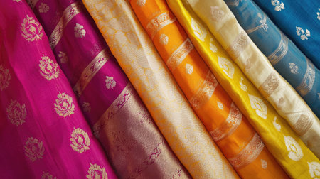 A stunning display of colorful textiles showcasing intricate patterns and vibrant hues. Perfect for design inspiration or fashion references.の素材