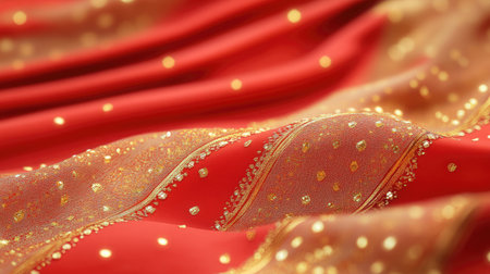 This image captures an elegant red fabric with intricate golden detailing, showcasing exquisite texture and rich colors that enhance any design project.の素材