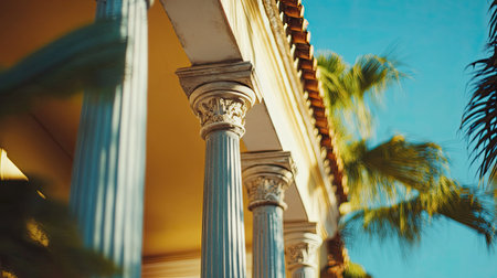 Beautiful close-up of elegant columns framed by palm trees, showcasing intricate details against a clear blue sky, evoking a sense of tranquility and heritage.の素材