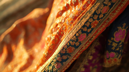 Discover the intricate beauty of this traditional fabric showcasing rich textures and vibrant colors, perfect for cultural designs and fashion inspiration.の素材