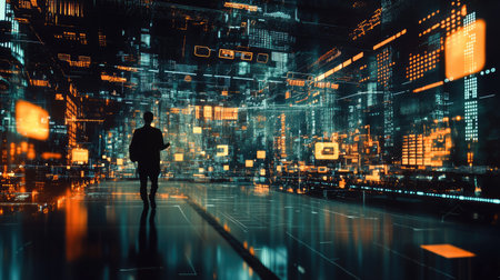 Explore a stunning futuristic digital environment with vibrant lights and abstract elements, showcasing the intersection of technology and innovation.の素材